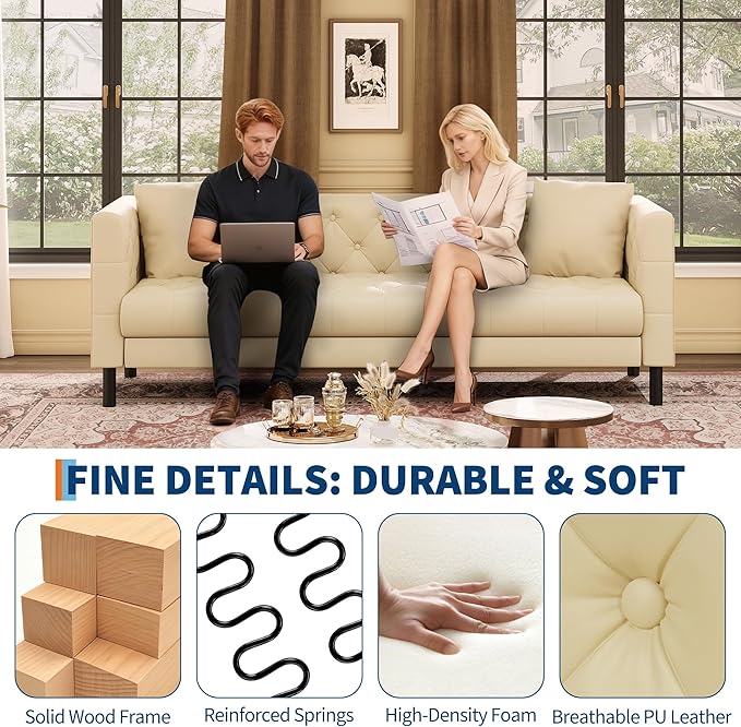 GarveeHome 81 in Leather Couch for Living Room, Modern Sofa Couch with Deep Seat and 2 Pillows, Handmade Button Tufted 3 Seater Sofa, Leather Sofa for Apartment, Office, Beige