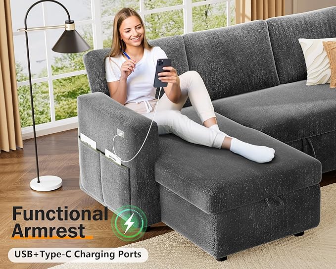 Vipbear 82" Sectional Sleeper Sofa with Pull Out Bed, L Shaped Couch Sleeper Sofa Bed, Pull Out Couch with Reclining Backrest, Reversible Storage Chaise, USB Ports, Tool-Free Assembly, Chenille Grey