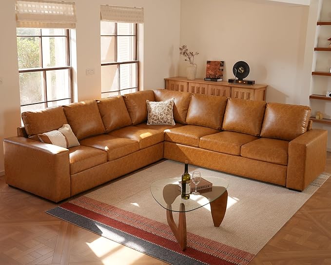 ELUCHANG 113" V-Shaped Modular Sectional Sofa Couch, Modern 7-Seat Premium Faux Leather Deep Seat Sofa with Corner, Removable Cover, Easy Assembly, Large Sofas & Couches for Living Room, Office, Brown | Spring Cushions, Easy to Clean