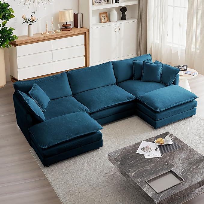 mikibama Modular Sectional Sofa, 111.5 Inch U Shaped Couch Set for Living Room, 3-Seater Comfy Cloud Couches with Movable Ottoman, DIY Combination, Chenille, Blue