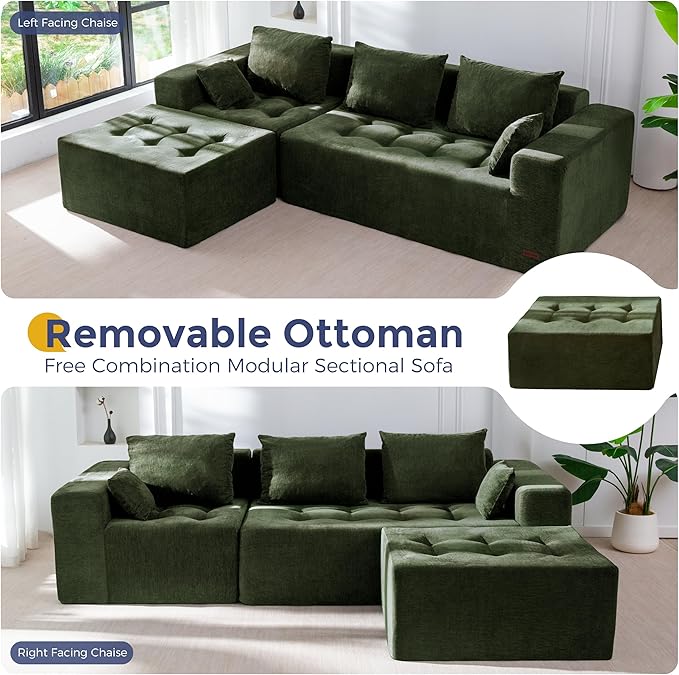 MAXYOYO Modular Sectional Sofa Couch, L Shaped Boneless Cloud Couch with Flexible Ottoman, Chenille Upholstered Living Room Sleeper Sofa Chair for Living Room, No Assembly Required, Dark Green