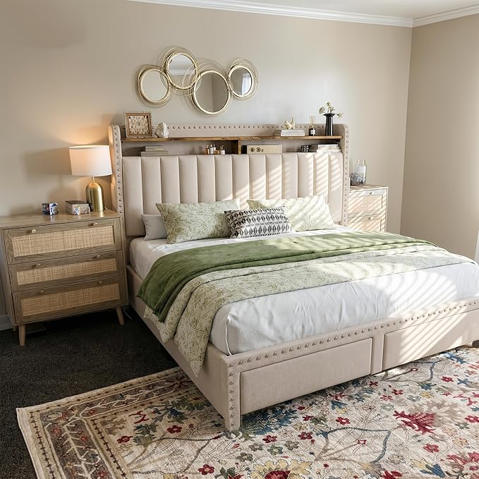 EnHomee King Size Bed Frame with 2 Storage Drawers & Upholstered Headboard,No Box Spring Needed, Easy Assembly, Noise Free, Beige