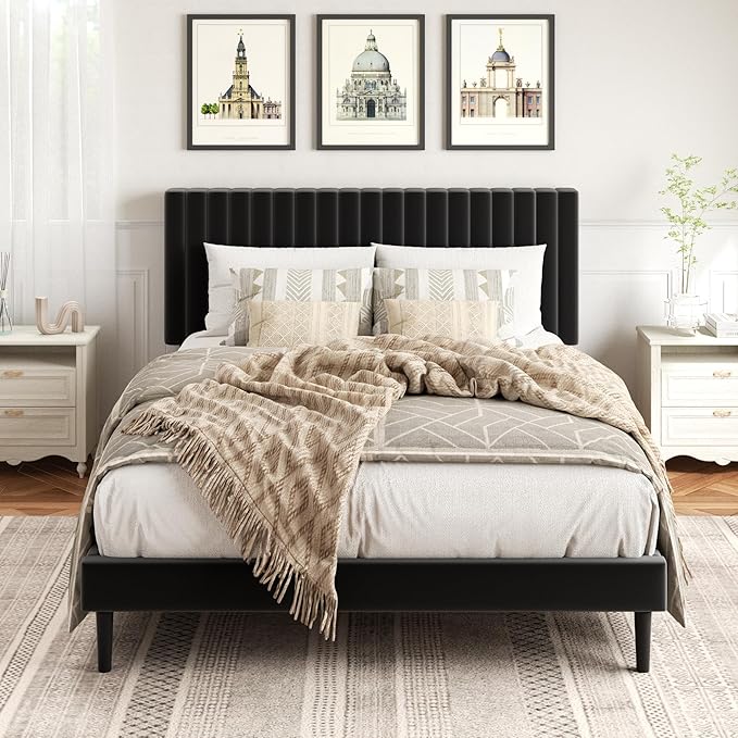 HAOARA Full Size Platform Bed Frame with Velvet Upholstered Headboard, Full Bed Frame with Strong Wood Slats, Mattress Foundation, Box Spring Optional, Easy Assembly, Black | Velvet Upholstered, Strong Wood Slats, Mattress Foundation, Box Spring Option...