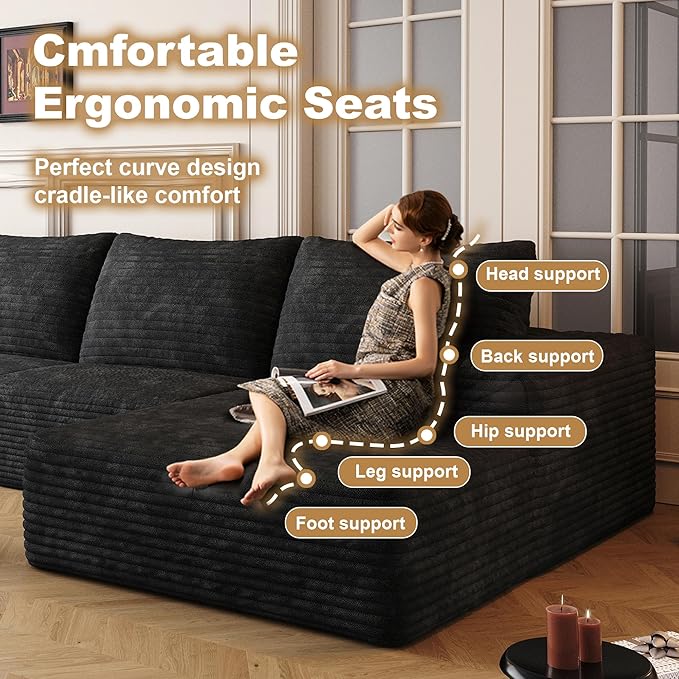 136" Sectional Couches for Living Room Cloud Couch Sofa with L-Shape Upholstered Boneless Couchs Modern Modular Sectional Couch with Chaise (Black, 136" Right Facing Chaise+3Seaters+Ottoman)
