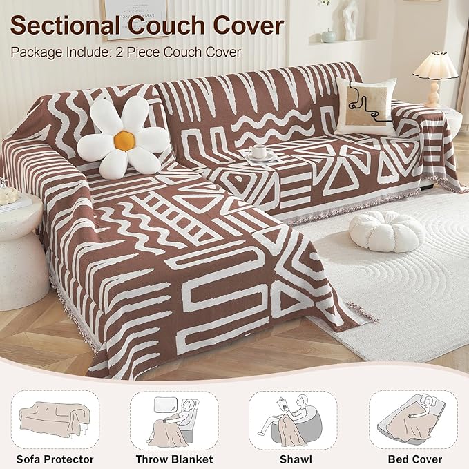 OstepDecor Boho Sectional Couch Covers 2 Pieces, L Shaped Sofa Cover, Chenille Couch Cover for Dogs Washable, Couch Cover Blanket, Sofa Slipcover for 2-3 Cushion Couch (71"x102"+71"x118", Coffee)