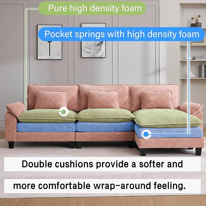 120" Modular Sectional Sofa, Comfy Cloud Couch Sectional Sofa with Ottoman, Chenille Sofa Sleeper Deep Seat Sofa with Throw Pillows for Living Room (Pink, 120"- L Shape)