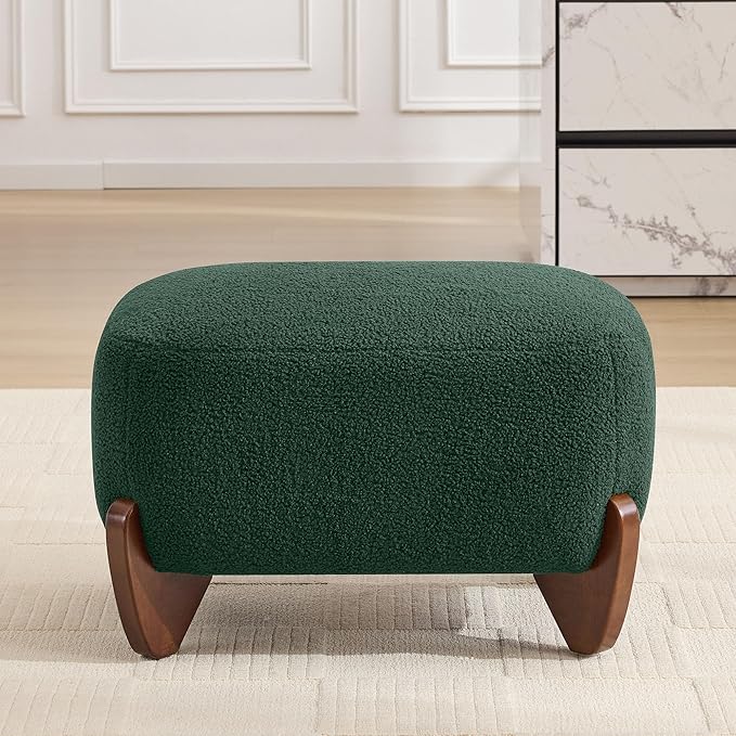 28.7" Sherpa Boucle Ottoman with Solid Wood Legs, Modern Upholstered Footstool, Comfy Ottoman for Living Room, Bedroom, Green