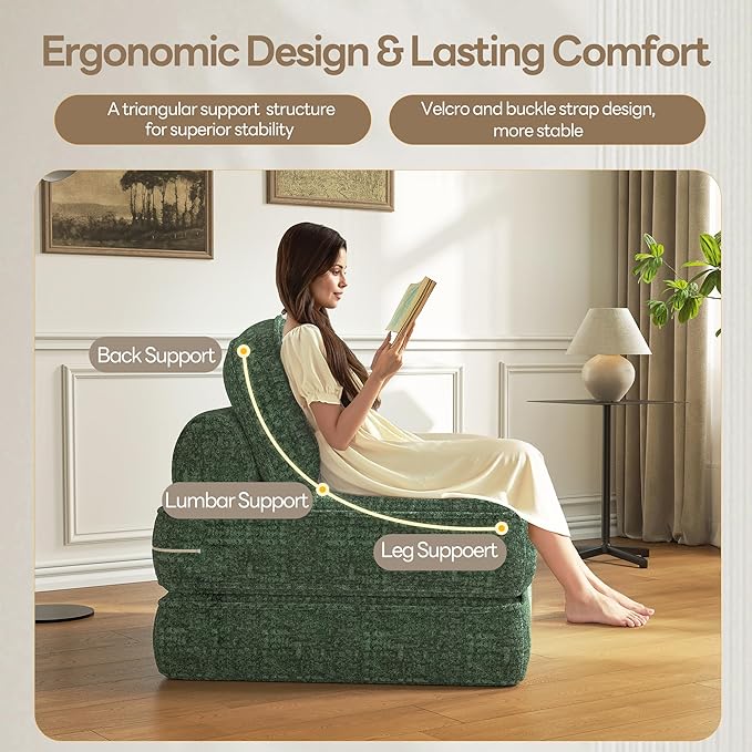 Dowinx Folding Sofa Bed with Pillow, Convertible Comfy Couch Bed for Adults Home Lounge and Gaming, Modern Comfortable Design for Apartment Living Room Bedroom, Single, Smooth Velvet, Cyprus Green