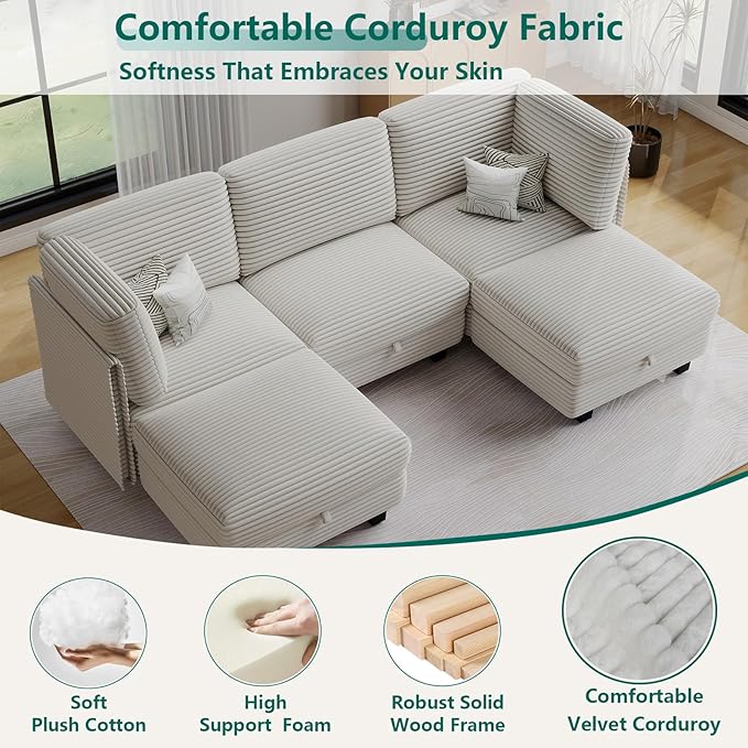 Modular Sectional Sofa with Adjustable Backrest,Large Convertible L/U-Shaped Sleeper Couch for Living Room,Cloud Sofa Bed Modern Reversible Design, Beige
