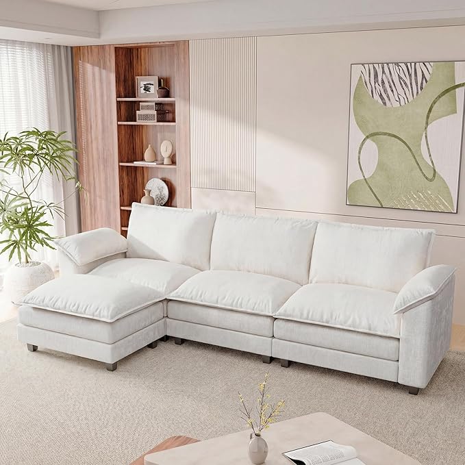 118.9'' L Shaped Sectional Couch, Modular Cloud Sofa with Deep Seat & Double Layer Cushion, Modern Chenille Sofa Couches with Movable Ottoman for Living Room & Appartment (White, L Shaped Sofa)