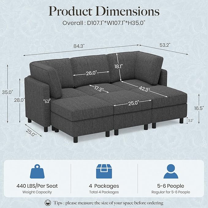 Belffin 84.3" Modular Sectional Sofa 6 Seats Sleeper Sofa Washable Sectional Couches for Living Room Comfy Couches with Storage Deep Seat Couch Sofas with Chaise,Dark Grey