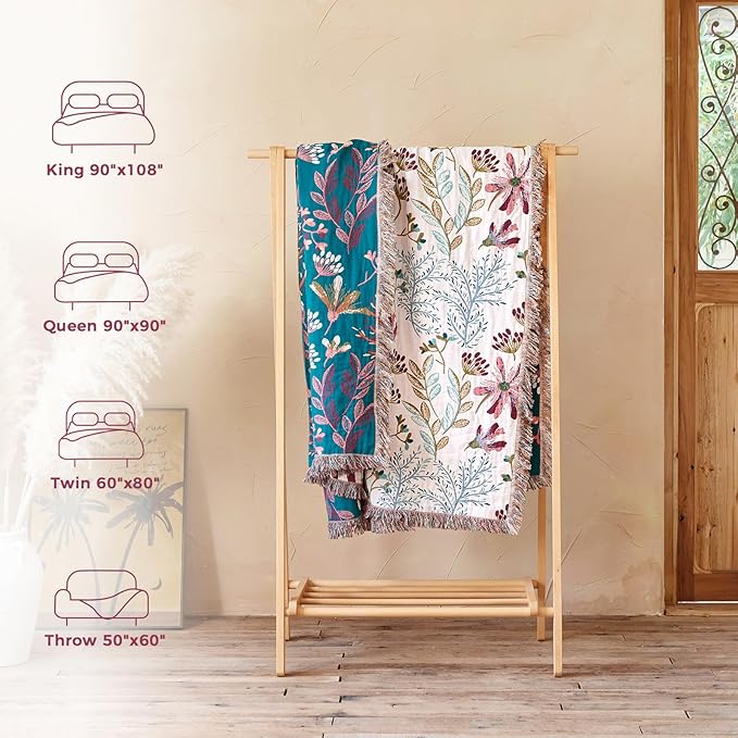 LUTBM Boho Throw Blanket for Bed Cotton Spring Blankets Bedroom Living Room Twin All Season Lightweight Floral Embroidery Quilt for Couch Sofa Chair 60"x80"