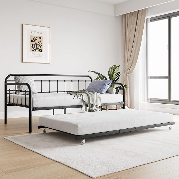 JURMERRY Metal Daybed Frame with Trundle Twin Size Heavy Duty Steel Slats Support Platform Furniture,Textured Black…