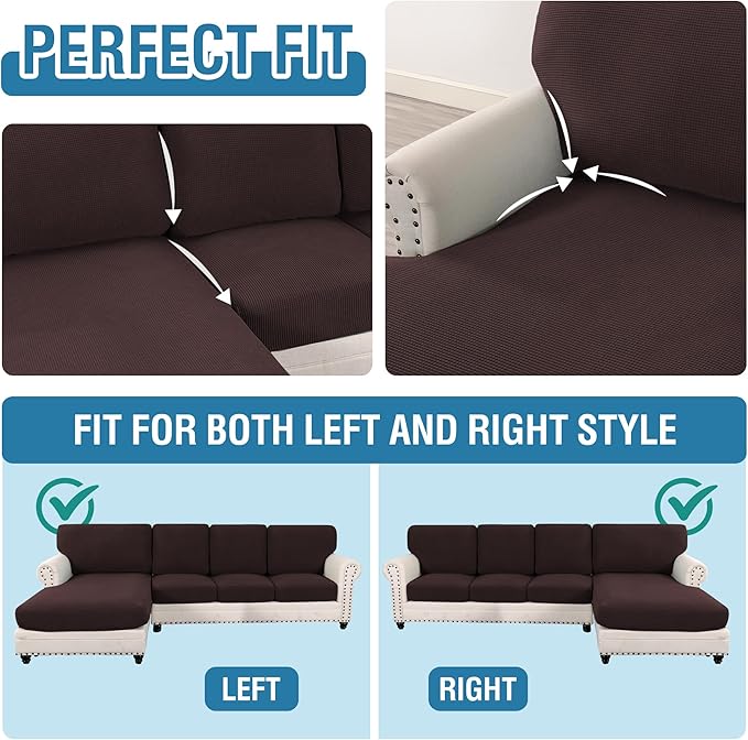 H.VERSAILTEX Sectional Couch Covers 8 Pieces Stretch Sofa Covers for Sectional Sofa Set Separate L Shaped Couch Cover for Both Left/Right Couch (Seat and Back: 1 Chaise + 3 Sofa, Chocolate)