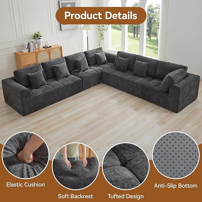 140''Modular Sectional Couches for Living Room, Cloud Boneless Compressed Sectional Sofa, Oversized L Shaped 6 Seater Upholstered Memory Foam Sofa, No Assembly, Chenille Grey