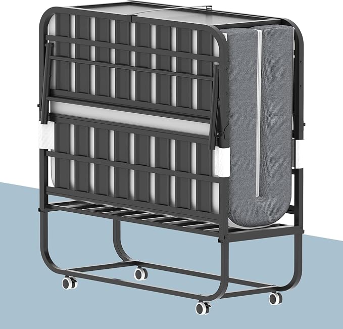 Folding Bed, 74"x46" Portable Beds for Adults, Heavy Duty Sturdy Metal Frame, Foldable Bed on Wheels for Twin Size, Space Saving Rollaway Bed for Guest Easy Storage (Headboard)