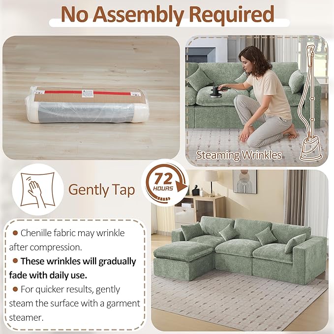 115''Cloud Boneless Sectional Couch, Modular Sectional Sofa Deep Seat with Ottoman, Oversized Upholstered Convertible Comfy 4 Seater Chenille Sofa L Shape Couches for Living Room, Green