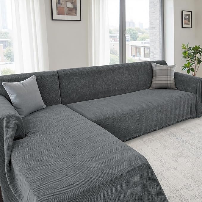 Sectional Couch Covers 2 Pieces, Chenille L Shaped Couch Cover Blanket for Sectional Sofa with Herringbone Pattern Washable Sofa Slipcovers (XXX-Large: 71" x 118" + 91" x 134", Dark Gray)