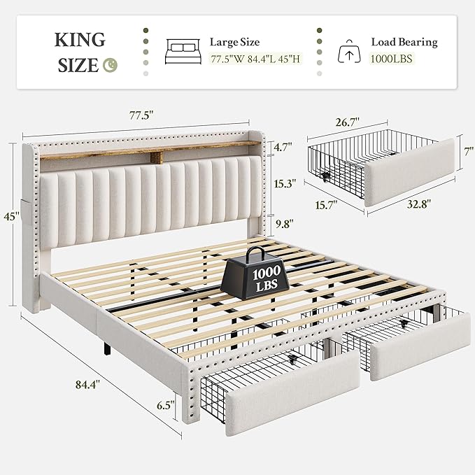 EnHomee King Size Bed Frame with 2 Storage Drawers & Upholstered Headboard,No Box Spring Needed, Easy Assembly, Noise Free, Beige