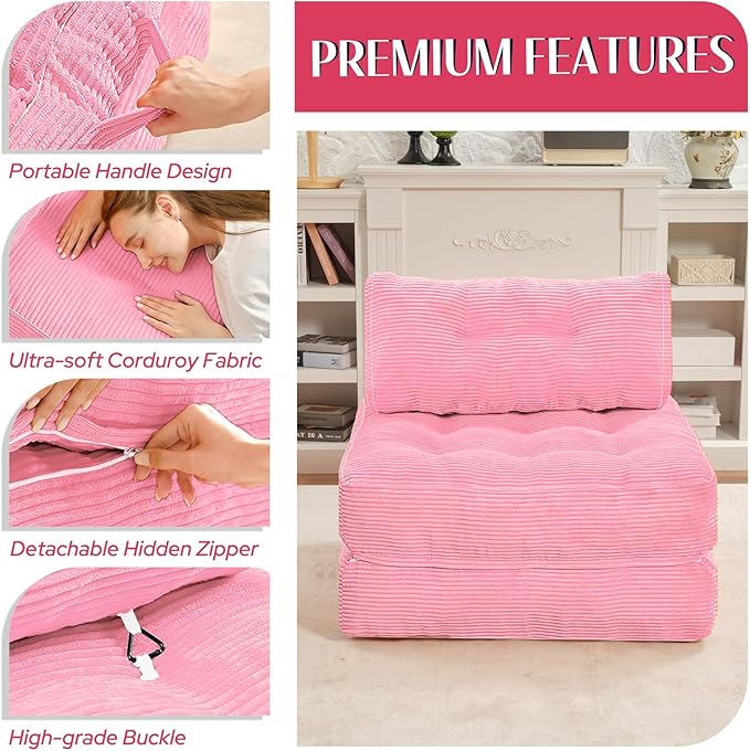 HABUTWAY Folding Sofa Bed, Convertible Sleeper Chair Bed w/Dual-Pillow & Handle, Foldable Floor Sofa Lounge w/Back Support for Living Room, Bedroom, Apartment, Office, Single, Pink