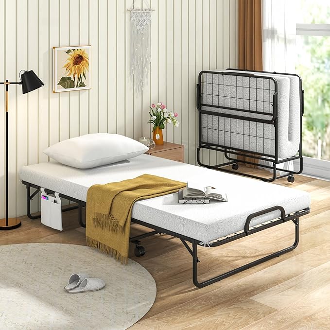 Giantex Folding Bed with Mattress and Top Pillow, Twin Size Portable Guest Beds w/Metal Frame, Storage Pocket, Space-Saving Rollaway Foldable Bed with Memory Foam Mattress for Adults, 75" x 39"