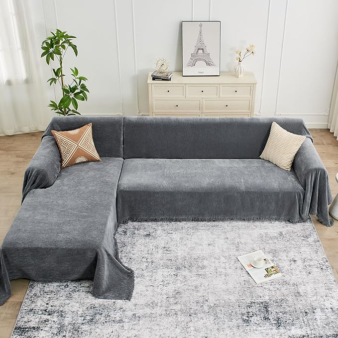 Sectional Couch Covers, 2 Pieces Chenille Sofa Cover L Shaped Couch Cover Blanket for Dogs Washable Sofa Slipcovers Pet Furniture Protector (XX-Large: 71" x 118" + 71" x 118", Dark Gray)