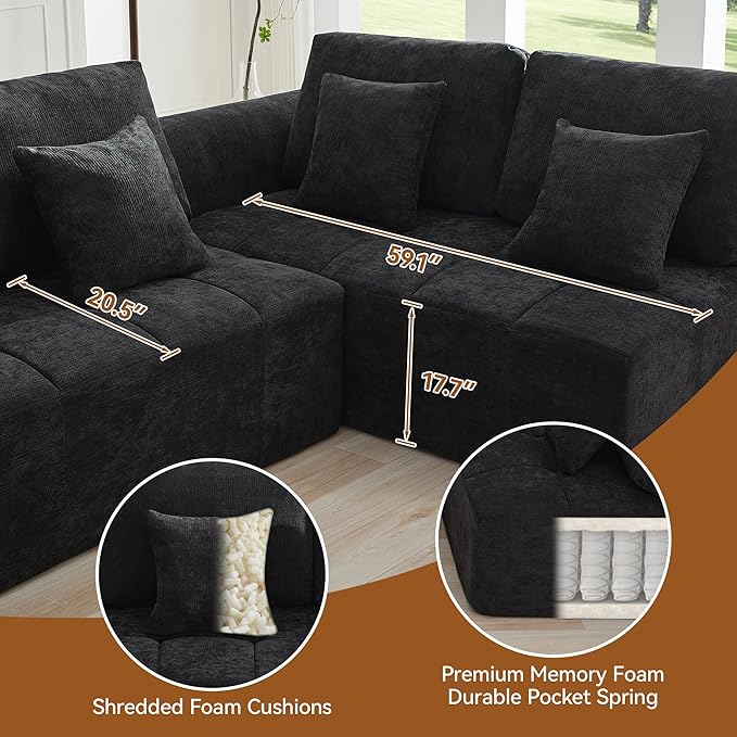 110''Modular Sectional Couches for Living Room, Cloud Boneless Compressed Sofa Left Facing Chaise, Oversized L Shaped 4 Seater Memory Foam Sofa, No Assembly, Chenille Black
