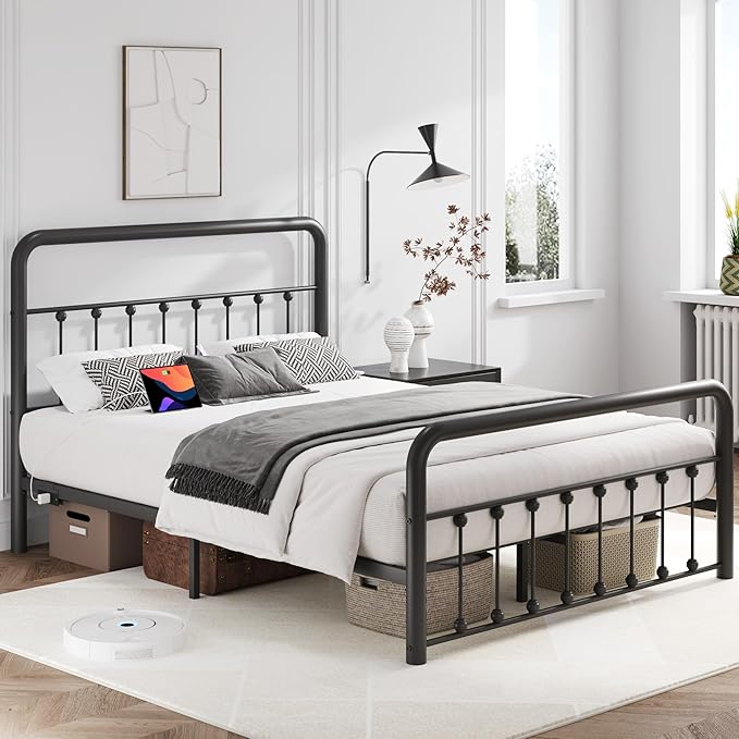 Fluest 14 Inch Queen Bed Frame Classic Metal Platform Bed Frame with Charging Station & LED, Victorian Style Iron-Art Headboard/Footboard, Under Bed Storage, No Box Spring Needed, Noise Free