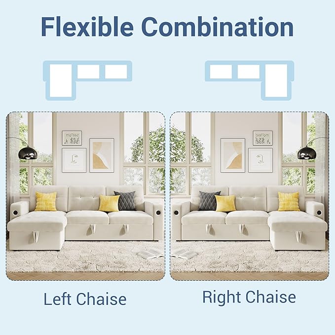 GarveeHome 84 Inch Sleeper Sofa Couch, L-Shaped Couches, Convertible Pull Out Sofa Bed with Storage, Charging Station, Led Lights, Modern Sectional Sofas for Living Room, Apartment, Velvet, Beige