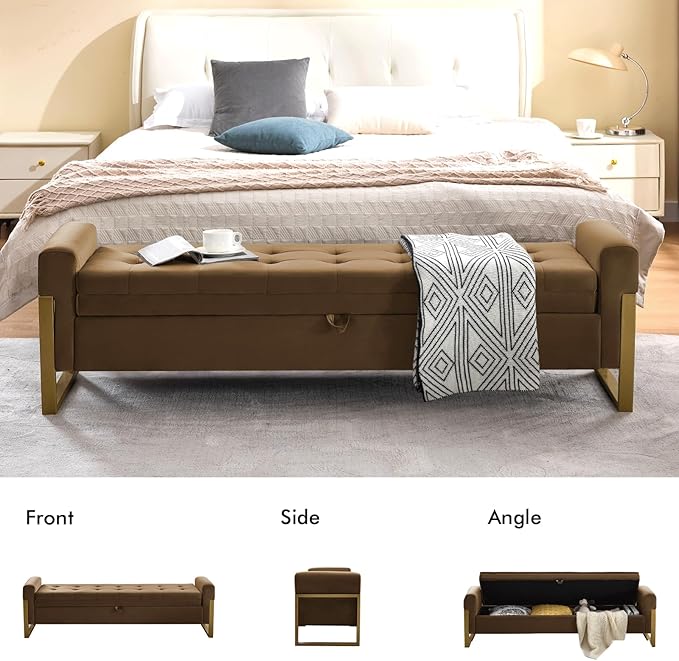 67" End of Bed Storage Bench King Size, Velvet Storage Bench for Bedroom Foot of Bed, Upholstered Storage Ottoman Bench with Gold Legs for Window Living Room Entryway, Brown