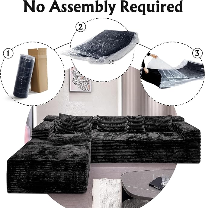 Boneless Modular Sectional Sofa, Cloud Couch with Left Facing Chaise, Oversized Deep Seat, L-Shaped, Soft Corduroy Fabric, Sectional Couch for Living Room -Black