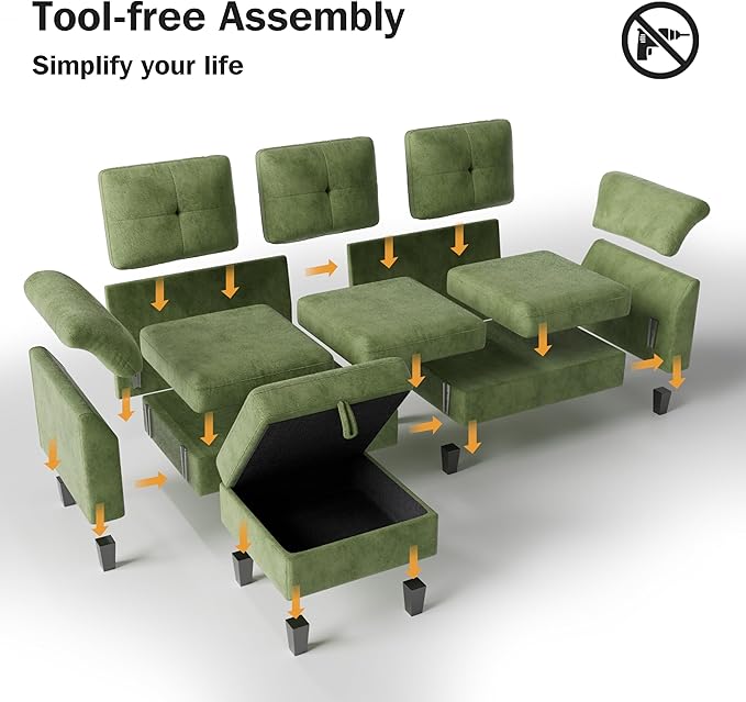WEUP 79" Convertible Sectional Couch with Storage Ottoman, L Shaped Small Sofa, 4 Seat Couches for Living Room, Apartment, Small Space, Green