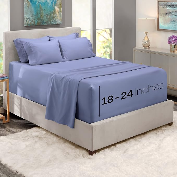 Hearth & Harbor Extra Deep Pocket Sheets - Fits Mattress 18-24 Inches Deep - Extra Deep Pocket Full Size Sets - 6 Piece Full Size - Full - Steel Blue