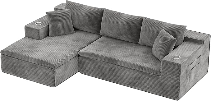 Homall 109" Boneless Couch with Memory Foam, Modular Sectional Sofa with L-Shape Chaise, Cloud Couch with Deep Seat, Dual Cup Holders & Side Pockets, No Assembly Required (Gray)