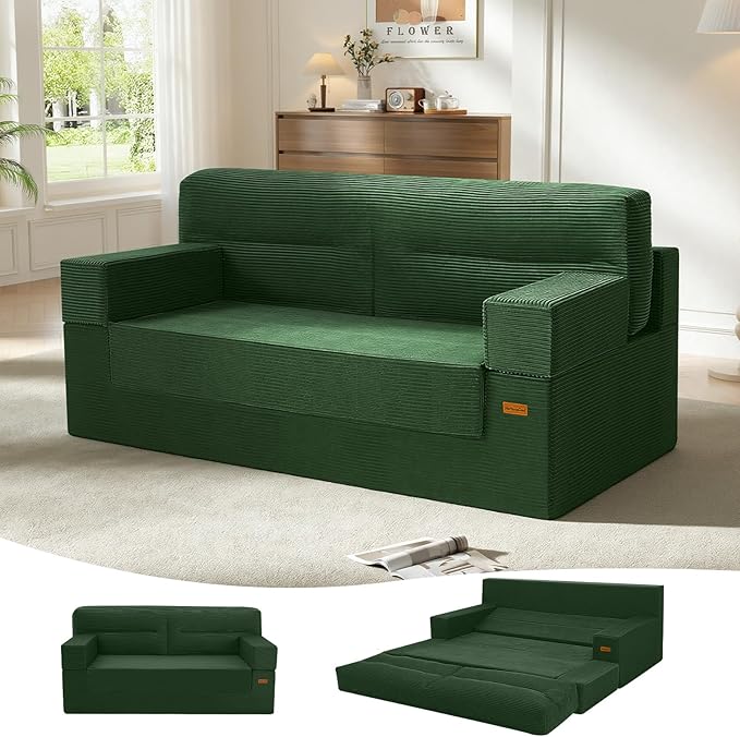 MeMoreCool Boneless Couch Convertible Sofa Bed Queen, Corduroy Futon Couch Sleeper Sofa, Boneless Loveseat Pull Out Couch Bed, Fold Out Floor Sofa for Living Room Bedroom Apartment, Green