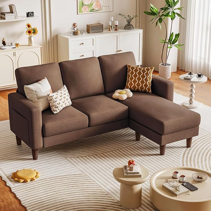 Homall Convertible Sectional Sofa 3 Seat L Shaped Couch with Side Storage Pocket, Sofas with Movable Ottoman, Small Linen Couches for Living Room & Apartment (Linen Fabric, Brown)