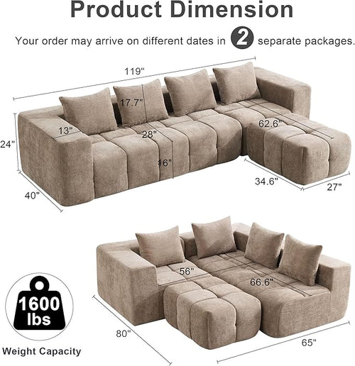 119" Boneless Couch, Cloud Sectional Couch with Deep Seat, High-Density Memory Foam and Chaise, Sectional L Shaped Sofa, Boneless Couches for Living Room, No Assembly Required Tufted Sofa, Brown