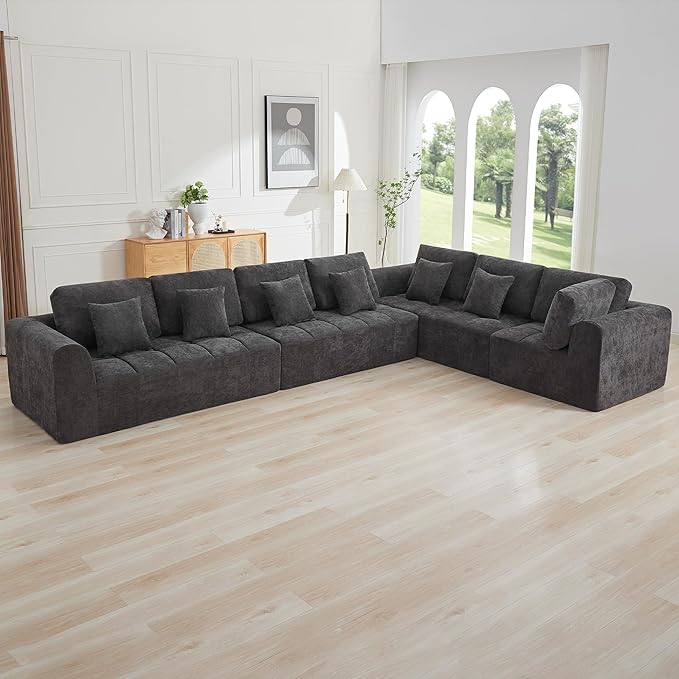 170''Modular Sectional Couches for Living Room, Cloud Boneless Compressed Sectional Sofa, Oversized L Shaped 7 Seater Upholstered Memory Foam Sofa, No Assembly, Chenille Grey