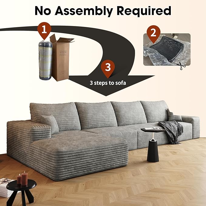136" Sectional Couches for Living Room Cloud Couch Sofa with L-Shape Upholstered Boneless Couchs Modern Modular Sectional Couch with Chaise (Grey, 136" Left Facing Chaise+3Seaters)