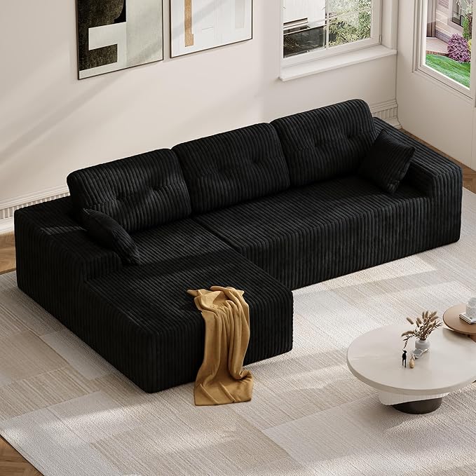 Ball & Cast 106" Modular Sectional Sofa, Cloud Corduroy Couch with Deep Seat, Boneless L-Shaped Sectional, Upholstered Modular Sofa for Living Room, No Assembly Required (Black, Left Facing Chaise)