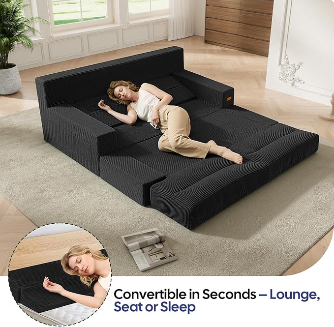 MeMoreCool Boneless Couch Convertible Sofa Bed Queen, Corduroy Futon Couch Sleeper Sofa, Boneless Loveseat Pull Out Couch Bed, Fold Out Floor Sofa for Living Room Bedroom Apartment, Black