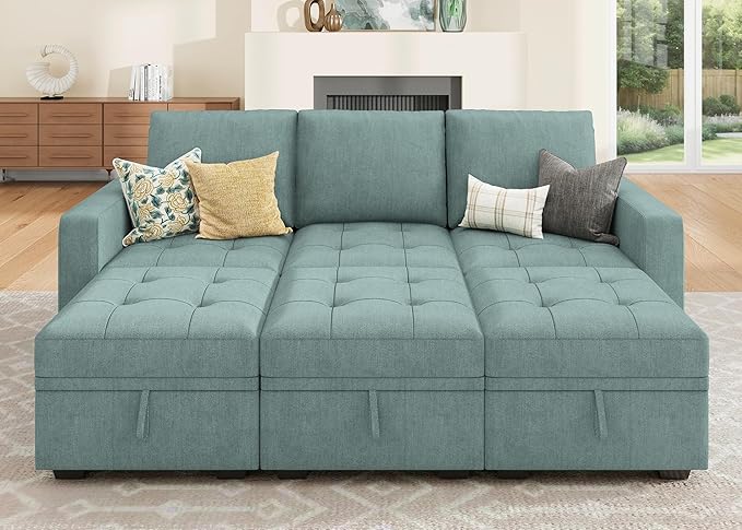 HONBAY Modular Sectional Couch Sleeper Sofa Bed with Storage Seats Oversized Sectional Couches for Living Room,Blue