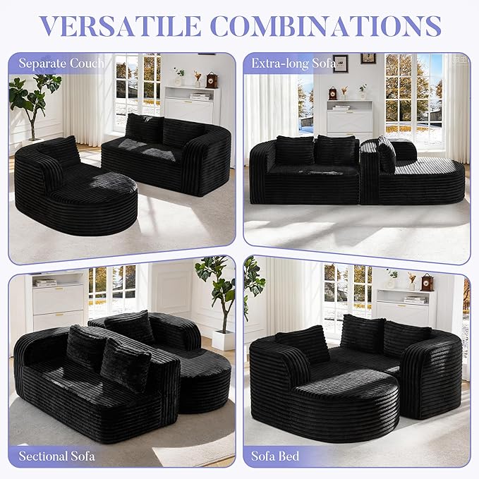 Hobestluk 96" Cloud Sectional Couch Modern Boneless Couch 3 Seater with Oversized Chaise L Shaped Modular Sofa Couches for Living Room Apartment No Assembly Required (Stripe Black,Right Facing Chaise)