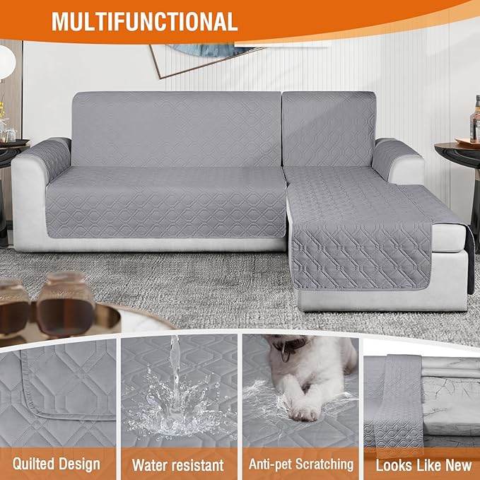 VANSOFY Sectional Couch Covers 100% Waterproof L Shaped Sofa Slipcover 3pcs Reversible Chaise Lounge Cover for Sectional Sofa Furniture Protector Cover for Pets Cat Dog(Small, Light Gray)