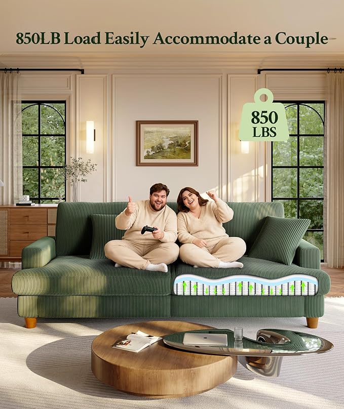 87.2" Couches for Living Room, Comfy U Shaped Couch Green 7.5" Thicker Cushion, Sofas for Living Room Tool-Free Setup, Loveseat with Ottoman 848lbs Support, Corduroy Couch for Bedroom, Office