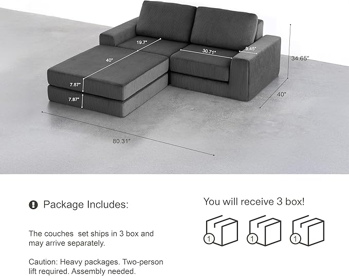 Cloud Couch Sectional, Oversized Boneless Couch Sofa with Deep Seat, Corduroy Comfy Cloud Modular Loveseat Sofa with Ottoman, Sectional Couches for Living Room No Assembly Required (Black)