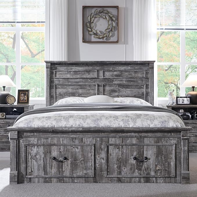 Aitjunz Farmhouse Queen Size Bed Frame with 51" Tall Headboard, Wood Platform Bed Frame with 20" Tall Roman Column Decoration Footboard & 2 Large Storage Drawers, No Box Spring Needed (Light Grey)