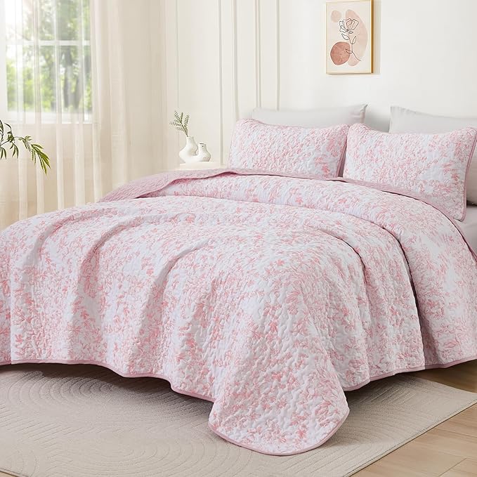 WONGS BEDDING Quilt King Size, Pink Quilt Bedding Set with 2 Pillowcases, Botanical Quilt for King Bed, Soft Microfiber Lightweight Coverlet Bedspread for All Season (110"×90", 3 Pieces)