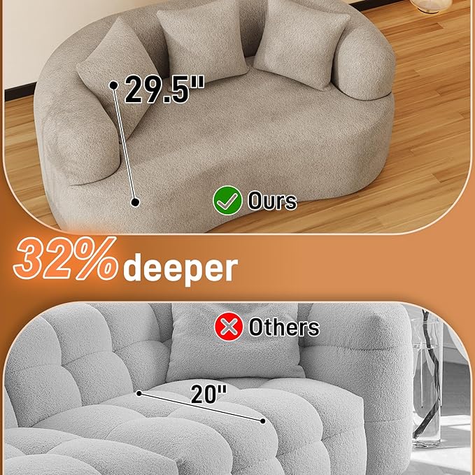 69" Curved Loveseat Sofa for Living Room, Modern Chenille Love Seat Cloud Couch, Luxury Plush Extra Deep Oversized Sofa for Small Spaces, Bedroom, Apartment‌, No Assembly Required, Light Brown