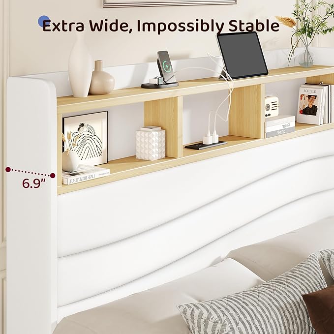 BRELTAM Queen Size Bed Frame with 6 Storage Drawers, Linen Upholstered Platform Bed with Charging Station,2-Tier Wave-Shaped Headboard Design,No Box Spring Needed,Easy Assembly,White